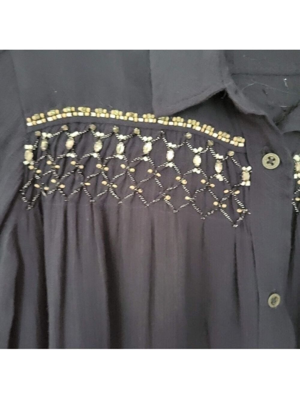 Anthropologie Floreat Beulah Beaded Buttton Up Pleat Front Long Sleeve Blouse - Picture 9 of 16